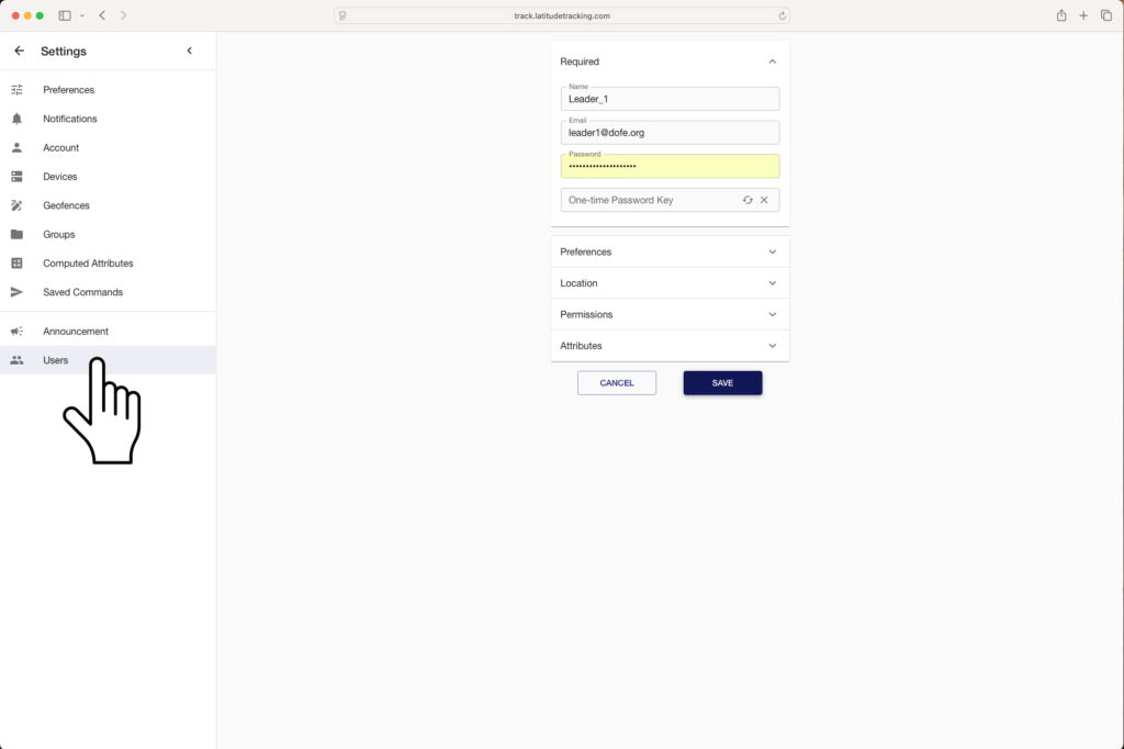 Select the Users Menu Item